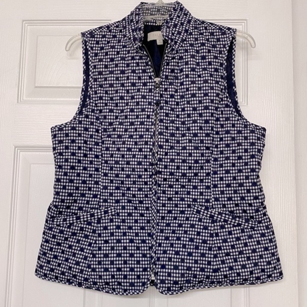 Talbots Navy Polka Dot Print Quilted Zip Front Puffer Vest Sz Medium Petite